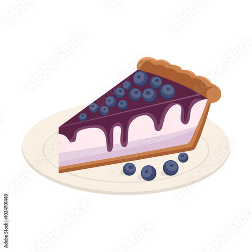 An illustration of a slice of blueberry cheesecake on a white plate.