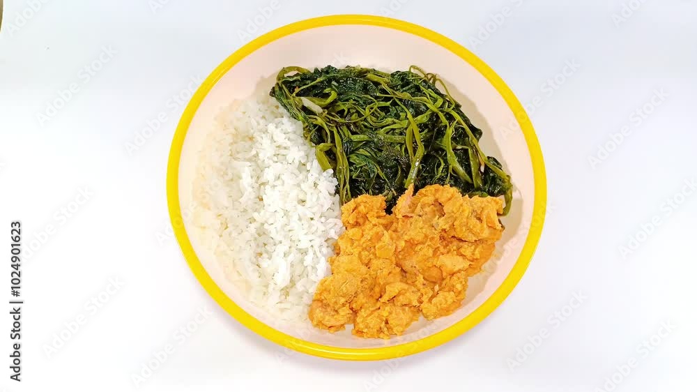 Diced chicken in salted egg sauce with stir-fried water spinach, served with steamed rice on a plate with an orange accent, set against a clean white background, creating a vibrant presentation Diced chicken in salted egg sauce with stir-fried water spinach, served with steamed rice on a plate with an orange accent, set against a clean white background, creating a vibrant presentation
