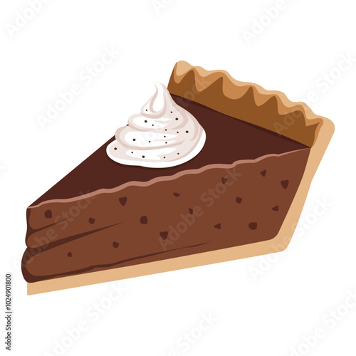 Sweet slice of chocolate pie or cheesecake with dollop of whipped cream. Vector Illustration