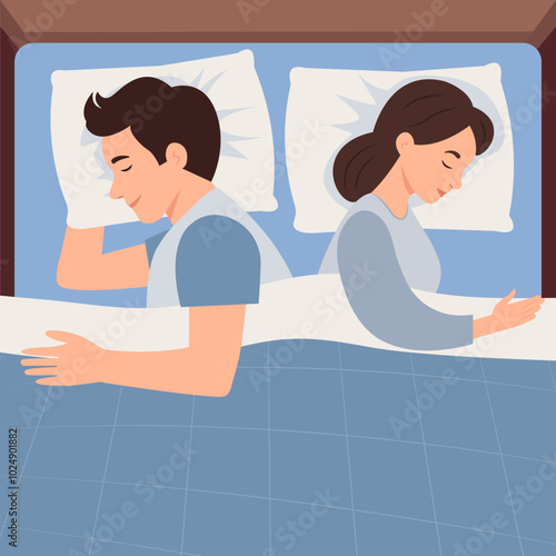 Couple sleeping under blanket. Man and woman lying backs to each other during night rest. Vector Illustration