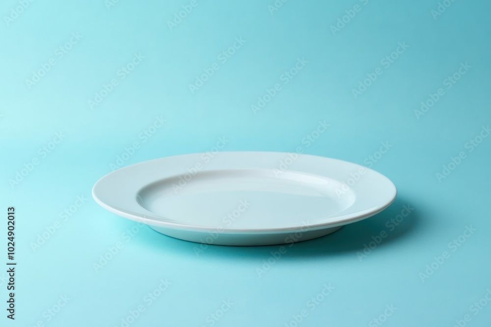 Simple White Plate on Light Blue Background Simple White Plate on Light Blue Background