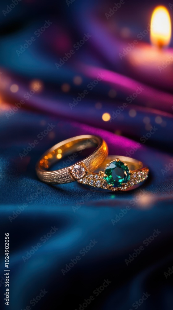 custom made wallpaper toronto digitalEmerald and gold ring shining on a royal navy blue silk fabric, with a violet-to-blue gradient background and flickers of candlelight, Copy space, happy Diwali background, traditional, Indian festival
