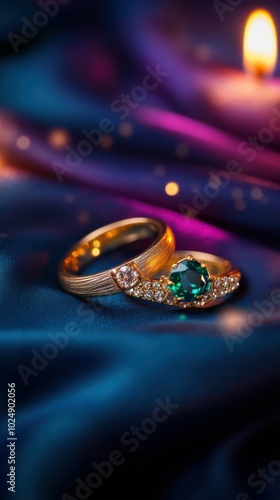 Wallpaper Mural Emerald and gold ring shining on a royal navy blue silk fabric, with a violet-to-blue gradient background and flickers of candlelight, Copy space, happy Diwali background, traditional, Indian festival Torontodigital.ca