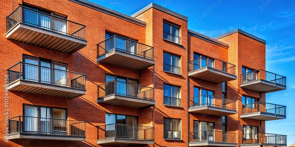 Modern red brick apartment building with balconies and sharp shadows, asymmetrical Modern red brick apartment building with balconies and sharp shadows, asymmetrical