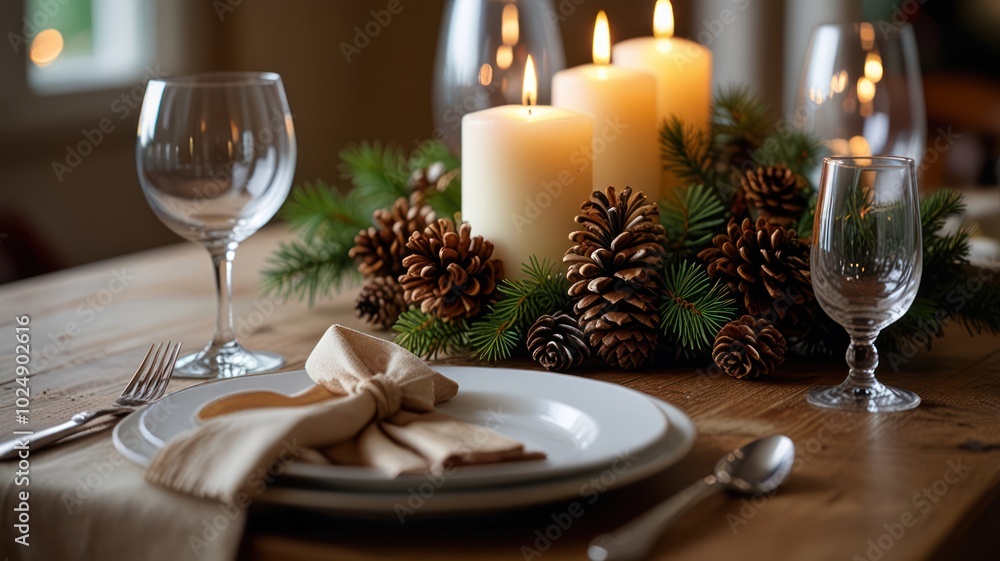 Fototapeta premium A rustic holiday table setting with candles, pine cones, and greenery.
