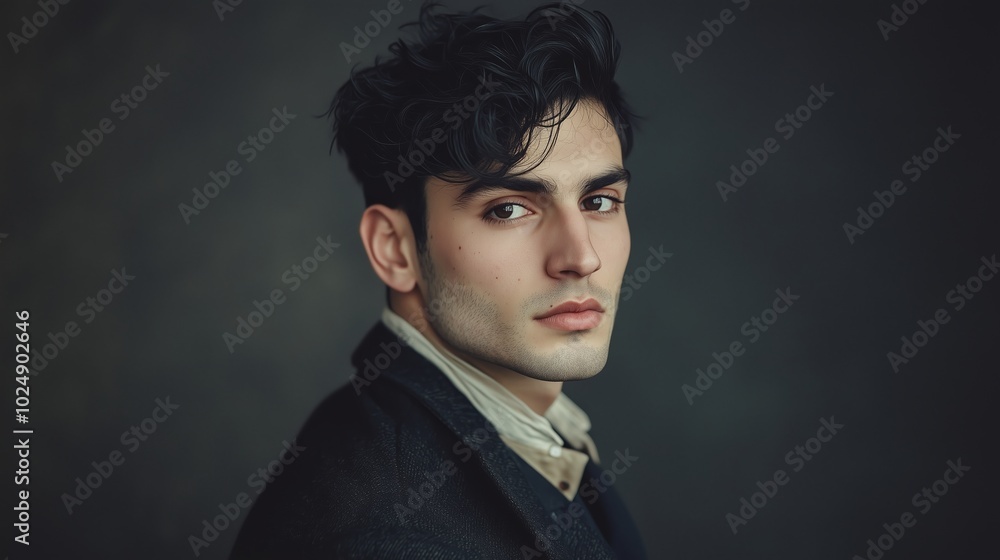 Young man with tousled hair poses thoughtfully against a dark background in a vintage-inspired outfit during a studio session Young man with tousled hair poses thoughtfully against a dark background in a vintage-inspired outfit during a studio session