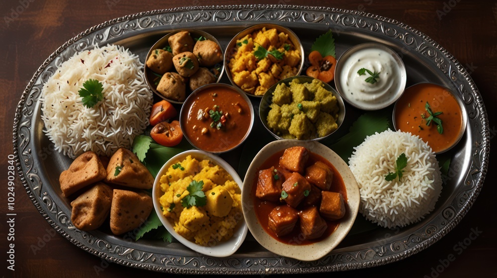 A silver platter with various Indian dishes, including rice, curry, and vegetables. A silver platter with various Indian dishes, including rice, curry, and vegetables.