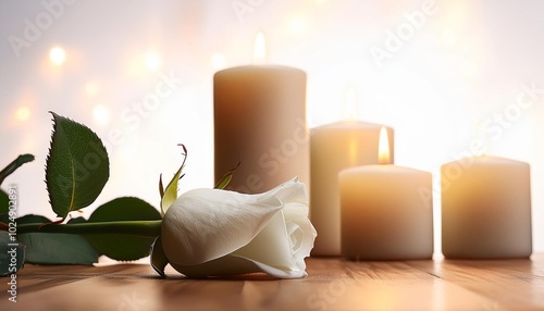 white rose and candles are located thoughtful and non abundant manner using the negative space to emphasize the solemnity of the scene photo