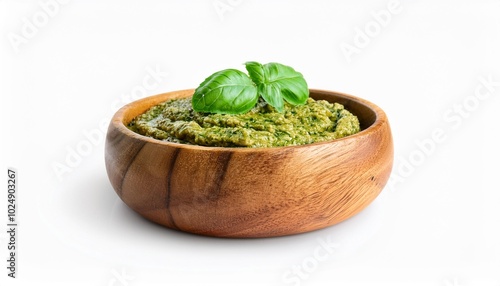 traditional italian sauce pesto with green basil in wooden bowl isolated on white background