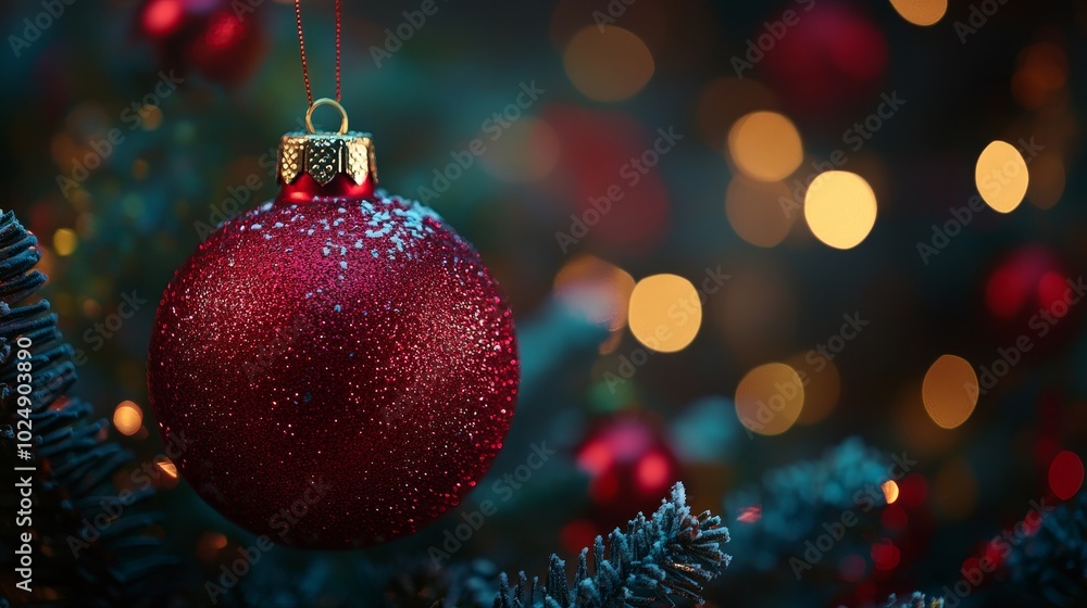 A shimmering red Christmas ornament hangs on a pine branch, with soft bokeh lights in the background. A shimmering red Christmas ornament hangs on a pine branch, with soft bokeh lights in the background.