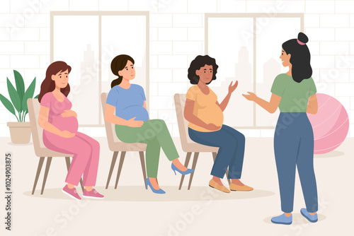Group of pregnant women visited  psychology support courses. Female couch speaking about pregnancy and maternity.  Pregnancy Support, Prenatal Psychology Help, Happy Motherhood. Vector illustration