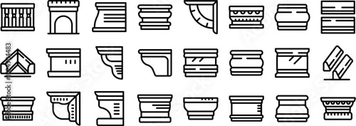 Baseboard molding icons set. Set of architectural element icons showing cornice moulding types and styles
