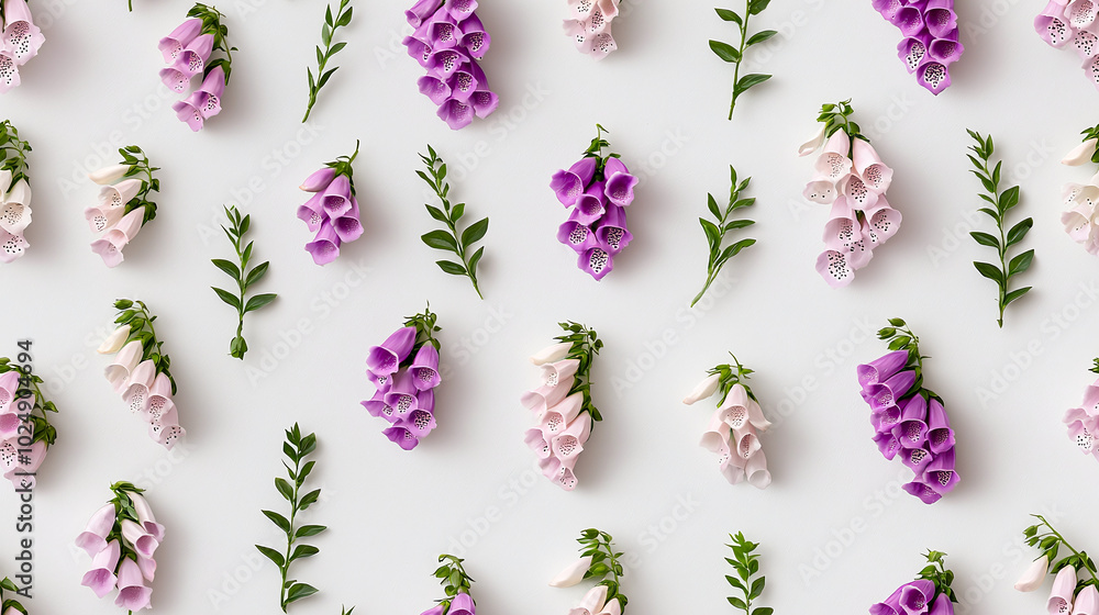 Simple watercolor foxgloves in soft purple tones arranged beautifully on light background, showcasing their delicate petals and lush greenery