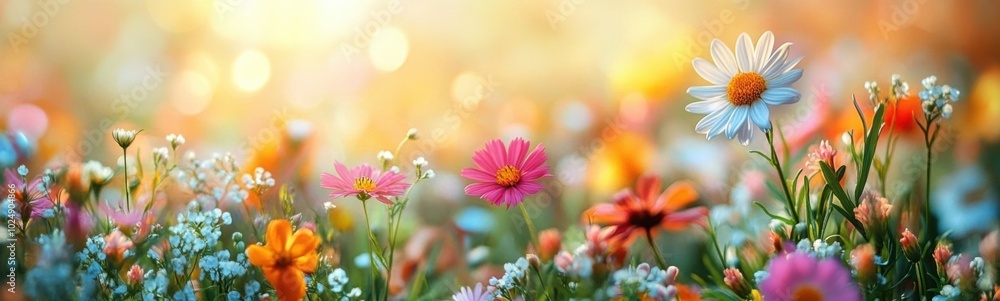 Brightly colored flowers in a field with sunlight shining through Brightly colored flowers in a field with sunlight shining through