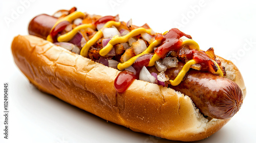 Delicious hot dog topped with mustard, ketchup, onions, and crispy bacon, served in soft bun, perfect for quick meal or snack