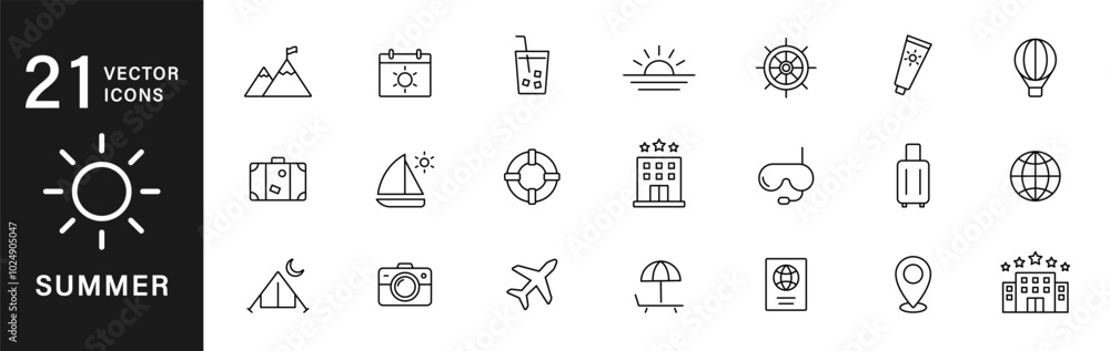 © Pointer Marker - Summer vacation icon set. Travel, beach, tourism, summer holidays. Travel and tourism line icon