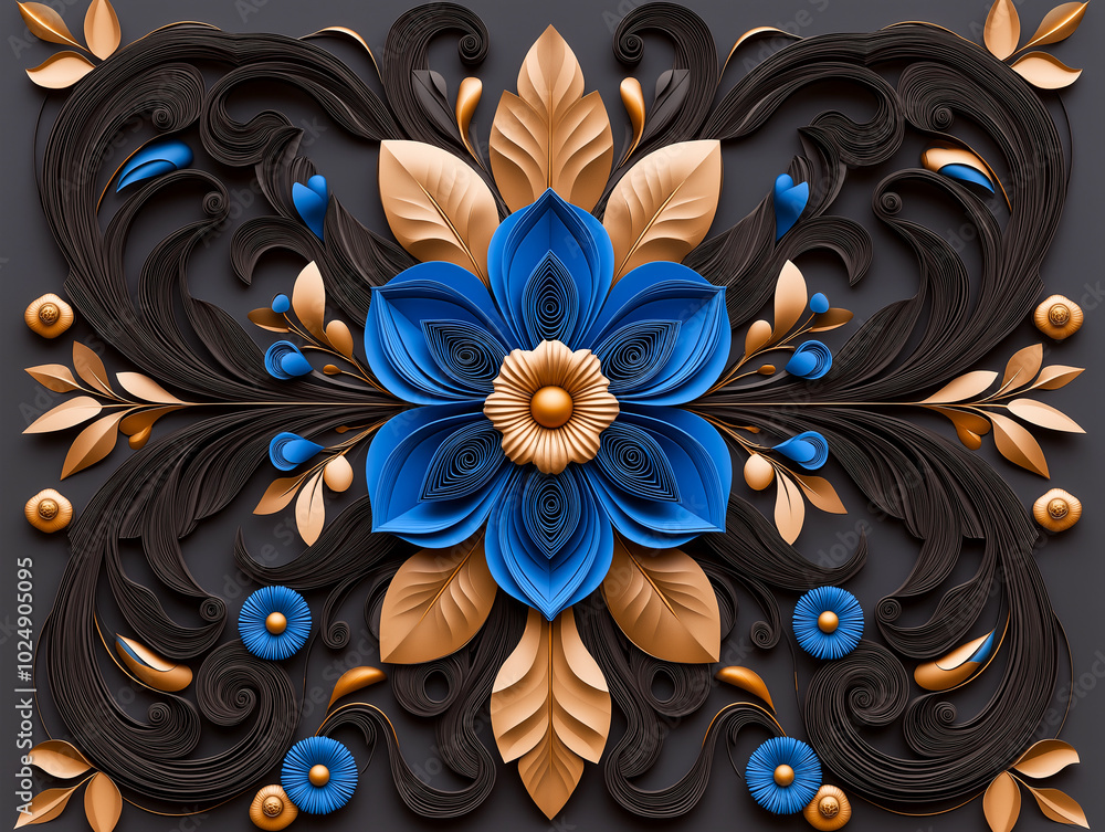 stunning floral design featuring intricate blue and gold elements against dark background, showcasing blend of elegance and artistry. composition highlights detailed leaves and flowers, creating stunning floral design featuring intricate blue and gold elements against dark background, showcasing blend of elegance and artistry. composition highlights detailed leaves and flowers, creating
