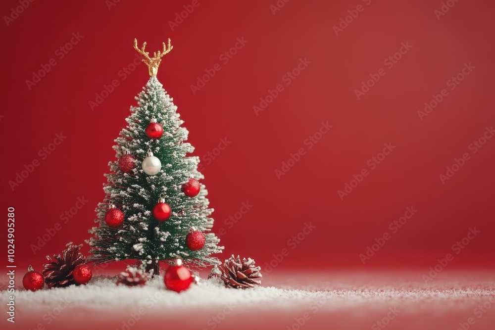 Miniature Christmas tree with decorations, with red background, copy space, Merry Christmas background, holiday decor ad, festive showcase Miniature Christmas tree with decorations, with red background, copy space, Merry Christmas background, holiday decor ad, festive showcase