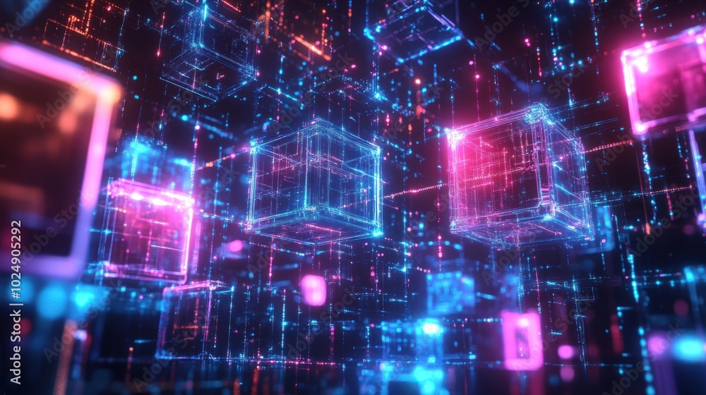 Abstract glowing cubes connected by lines, forming a digital network. Abstract glowing cubes connected by lines, forming a digital network.