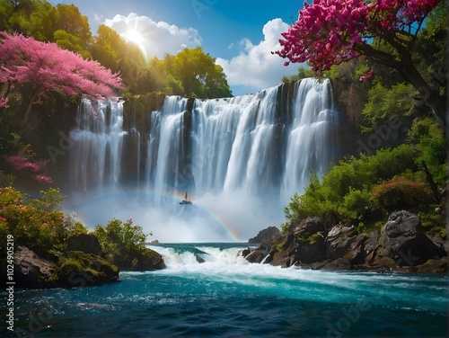 A breathtaking scenic waterfall accompanied by a vibrant rainbow and a small boat at sunset