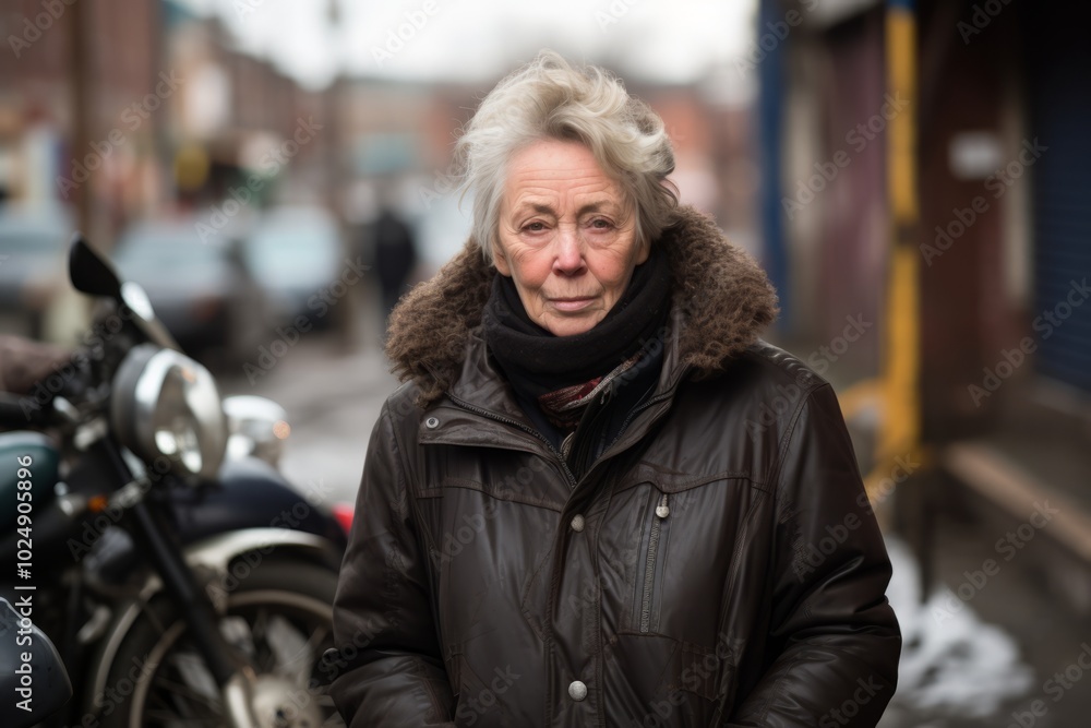 Portrait of a senior woman with a motorcycle in the city. Portrait of a senior woman with a motorcycle in the city.