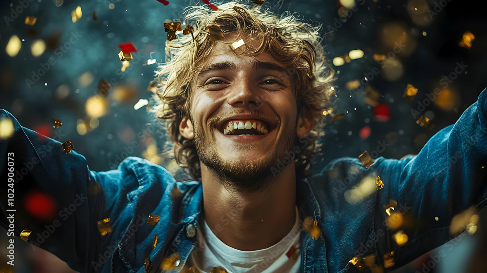 A joyful young man celebrating with confetti in a festive atmosphere. A joyful young man celebrating with confetti in a festive atmosphere.