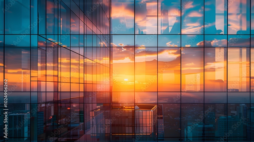 Modern Office Building with Glass Facade Illuminated by Sunset Glow Modern Office Building with Glass Facade Illuminated by Sunset Glow