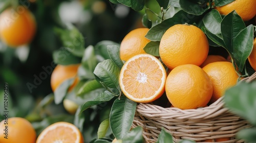 A picturesque scene featuring a bounty of ripe oranges hanging lushly on a vibrant orange tree, with a woven basket full of oranges, epitomizing nature's splendor. photo