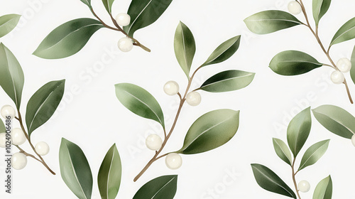 Leafy branches with white berries on a light background.