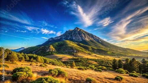 Mountain mist with hills and clear sky from a wide-angle perspective