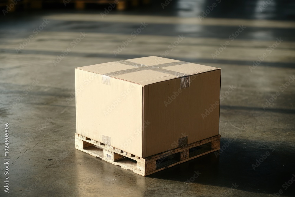 Neutral Box on Wooden Pallet in Spacious Environment Neutral Box on Wooden Pallet in Spacious Environment