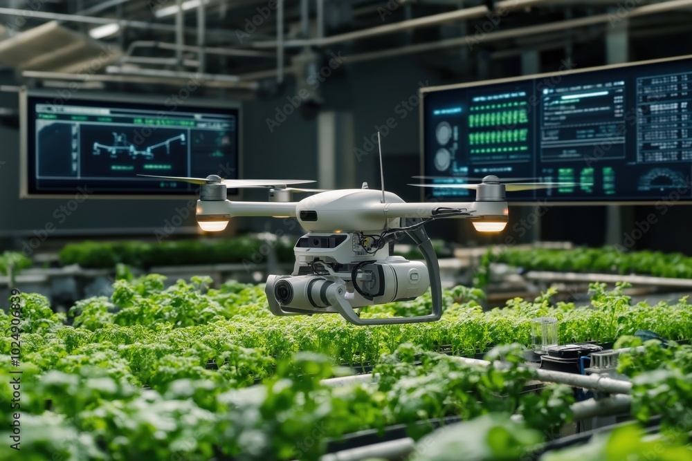 A drone hovering above a modern indoor hydroponic farm with green leafy plants. Two large digital screens display data and analytics in the background, highlighting agricultural technology. A drone hovering above a modern indoor hydroponic farm with green leafy plants. Two large digital screens display data and analytics in the background, highlighting agricultural technology.