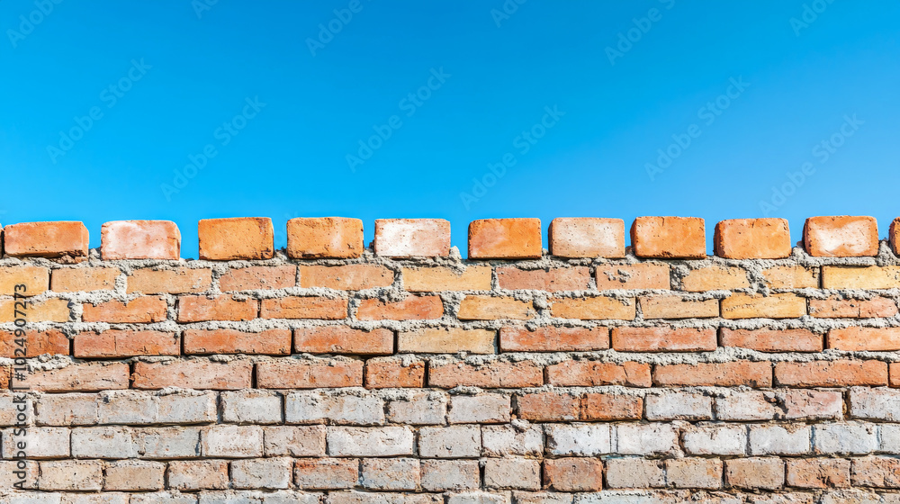 Close-up view of an unfinished brick wall under construction, with rough mortar and clay bricks set against a bright blue sky.
Close-up view of an unfinished brick wall under construction, with rough mortar and clay bricks set against a bright blue sky.