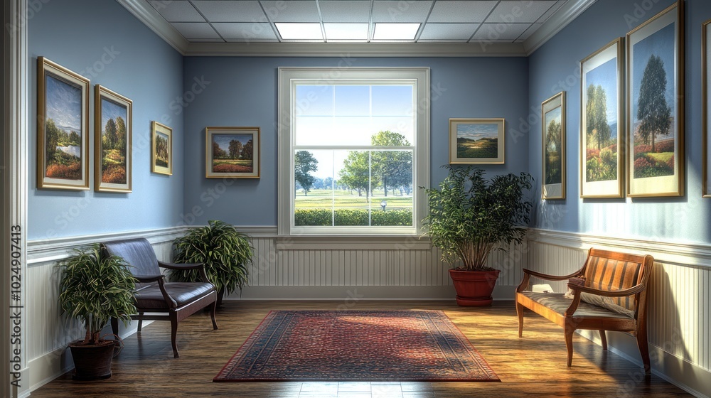 Bright hallway with artwork, plants, and natural light. Bright hallway with artwork, plants, and natural light.