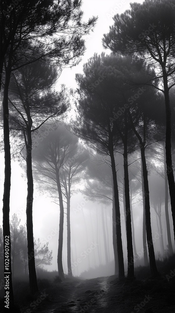 Obraz premium Foggy Morning in Dense Pine Forest with Tall Trees Fading into Mist
