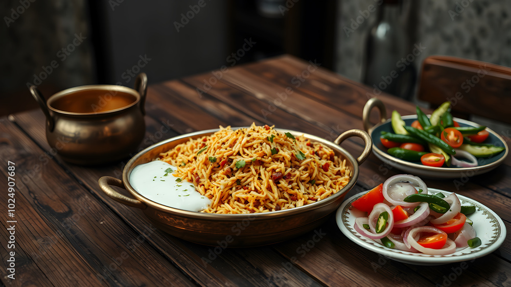 A rustic wooden table with a serving of biryani in a brass dish, raita drizzled with cumin, and a fresh salad of onions, tomatoes, and green chilies on a side plate A rustic wooden table with a serving of biryani in a brass dish, raita drizzled with cumin, and a fresh salad of onions, tomatoes, and green chilies on a side plate
