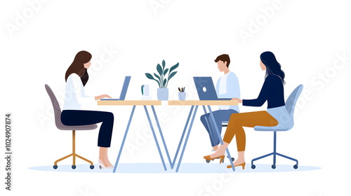 Work from homer: A minimalist illustration of two women focused on their laptops, showcasing collaboration, communication, and teamwork in a modern office setting. 