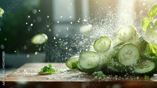 Circular slices of cucumber enveloped in a dramatic cloud of powdered spices, capturing the essence of energy, flavor, and culinary art on a wooden board. photo