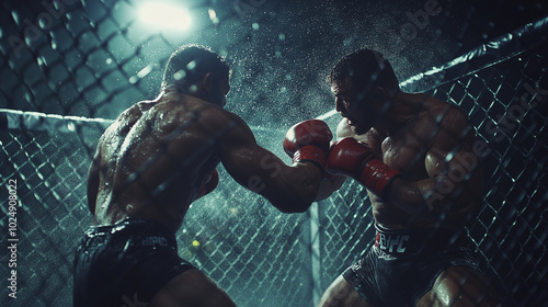 Two fighters are locked in a fierce ground-and-pound battle in a cage