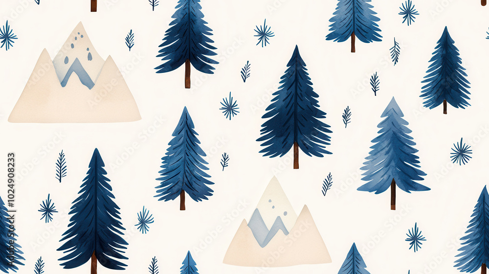 Obraz premium Pattern of blue trees and mountains on a white background.