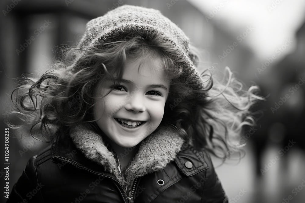 Portrait of a beautiful little girl with curly hair. Black and white. Portrait of a beautiful little girl with curly hair. Black and white.