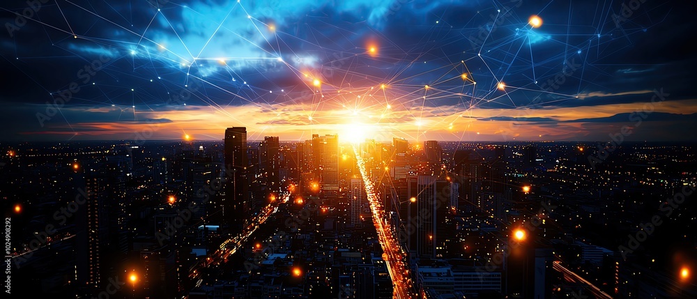 Realistic photo of a modern city skyline at dusk with glowing lights, Landscape Drone view highlighting the skyscrapers and streets below, high definition and clarity Realistic photo of a modern city skyline at dusk with glowing lights, Landscape Drone view highlighting the skyscrapers and streets below, high definition and clarity