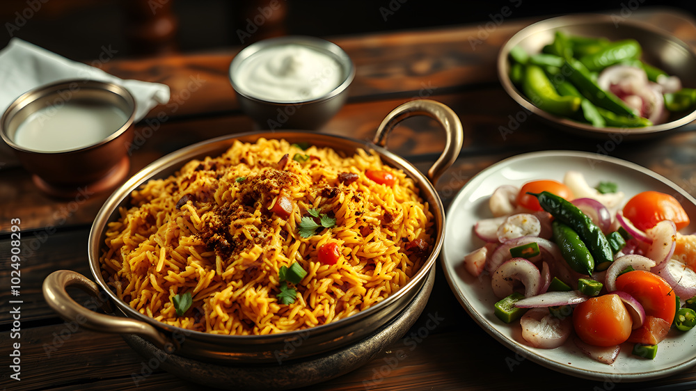 A rustic wooden table with a serving of biryani in a brass dish, raita drizzled with cumin, and a fresh salad of onions, tomatoes, and green chilies on a side plate A rustic wooden table with a serving of biryani in a brass dish, raita drizzled with cumin, and a fresh salad of onions, tomatoes, and green chilies on a side plate
