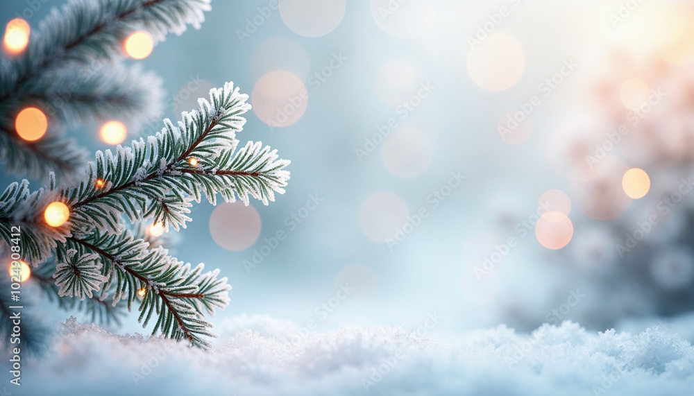 frosty spruce branches adorned with innovative, glowing Christmas lights and snowy background 1 frosty spruce branches adorned with innovative, glowing Christmas lights and snowy background 1