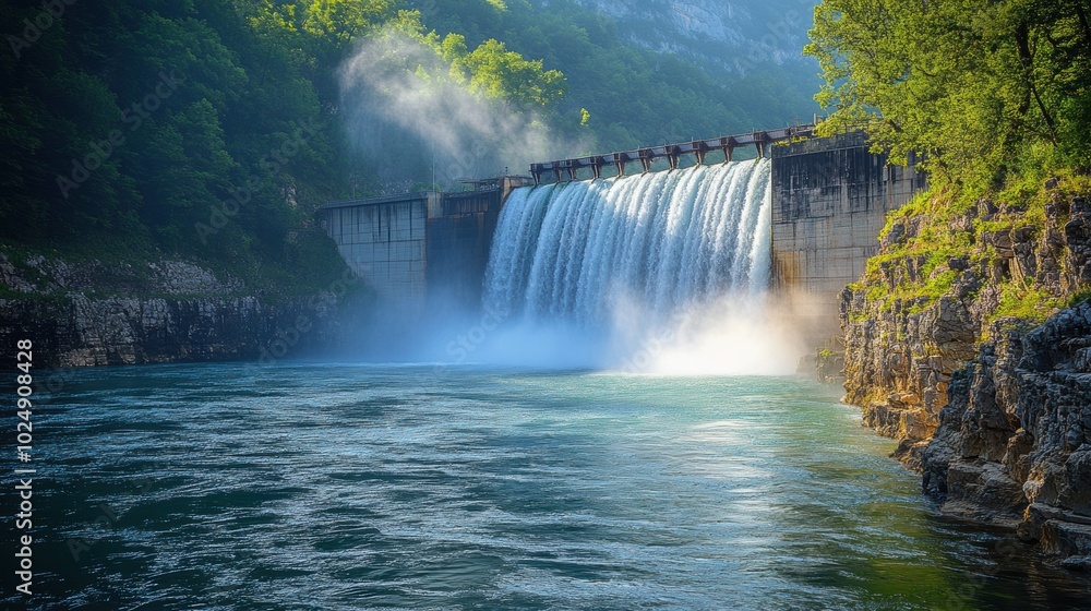Fototapeta premium Serene Waterfall Cascading into Tranquil River