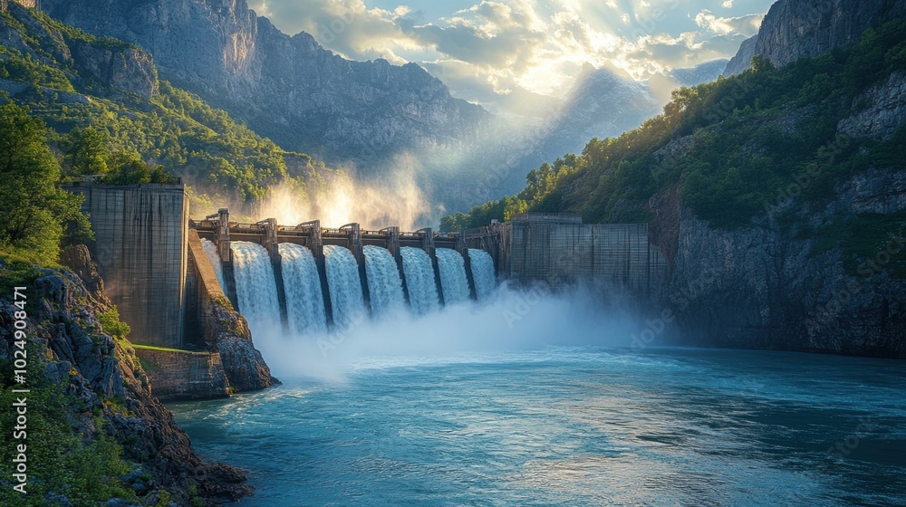 Majestic Dam Amidst Mountain Landscape with Waterfalls Majestic Dam Amidst Mountain Landscape with Waterfalls