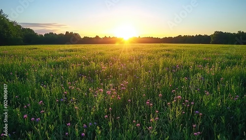 Fototapeta Naklejka Na Ścianę i Meble -  Realistic photo of a peaceful meadow at dawn with wildflowers and morning mist, Landscape Drone view capturing the soft light and natural beauty, serene and detailed