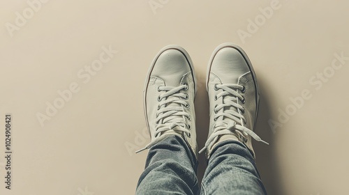 Feet wearing athletic sneakers, seen from above on a neutral background with open space for copy or design