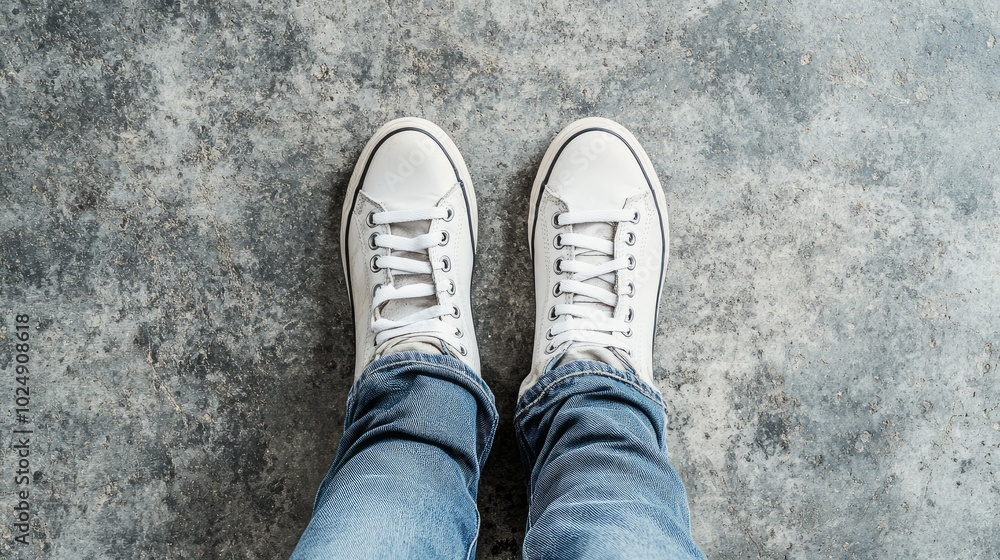 Feet wearing athletic sneakers, seen from above on a neutral background with open space for copy or design Feet wearing athletic sneakers, seen from above on a neutral background with open space for copy or design
