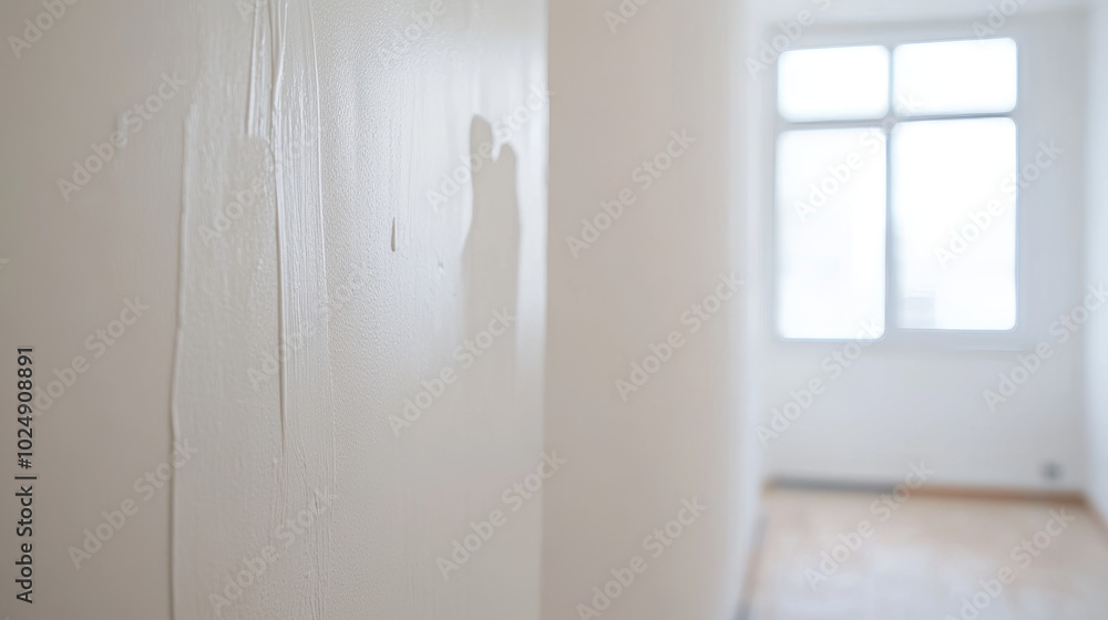 Close-up of a freshly painted white wall during home renovation, with natural light coming through a window in the background.
Close-up of a freshly painted white wall during home renovation, with natural light coming through a window in the background.